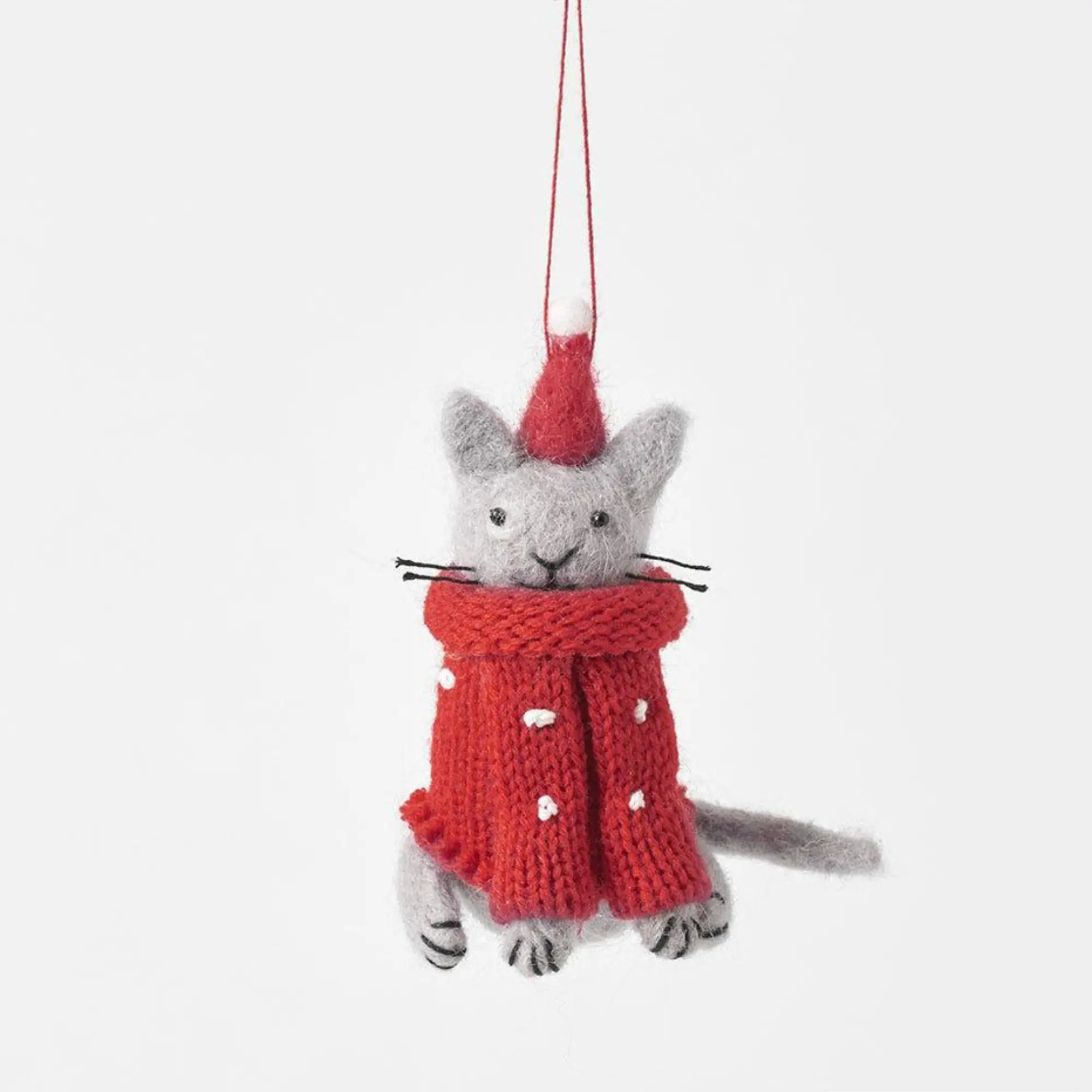 Adorable adorno de gato gris: decoración colgante de fieltro en Jersey y sombrero de Navidad rojo, perfecto para la decoración y el regalo festivo del árbol