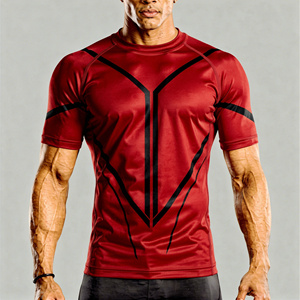 Men's Red <b>Black</b> Geometric <b>Compression</b> <b>Shirt</b> Short Sleeve Quick Dry Polyester Rash Guard Top - Product Image 3