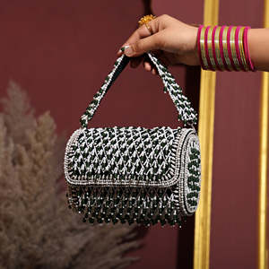 <b>Green</b> White Beaded Evening <b>Bag</b> Handcrafted Flap Purse with Fringe and Top Handle - Product Image 1