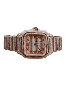 Reloj de Lujo para Hombre con Movimiento Hip Hop, Estilo Antiguo, con Incrustaciones de Diamantes VVS Moissanite, Corte Redondo, Esfera Cuadrada con Números Romanos y Correa - Product Image 1