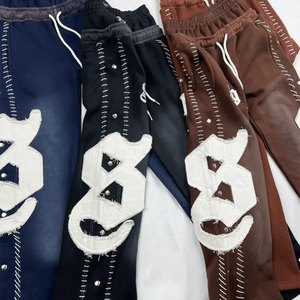 ชุดเซ็ตเสื้อฮู้ดดี้และกางเกงขายาวสไตล์สตรีทแวร์ผ้าคอตตอนหวีอย่างดี ซิปหน้า ล้างสีแบบแอซิดวอช แต่งดีเทลขาดๆ แบบวินเทจ พร้อมบริการปักลายแบบ Reverse Embroidery ตามสั่ง (OEM) - Product Image 4