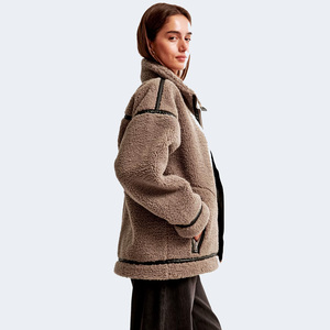 Wholesale Women's <b>Fleece</b> <b>Jacket</b> Stand Collar Zipper Closure Thick <b>Warm</b> Winter Coat Solid Color Contrast Trim Regular Fit - Product Image 3