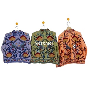 100% Cotton Suzani Embroidery Breathable Eco-Friendly <b>Quilted</b> <b>Jacket</b> Argyle <b>Pattern</b> Full Sleeves Handmade Flowers Unisex Winter - Product Image 2