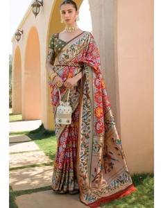 KV Women's <b>Red</b> Kanjivaram Woven <b>Saree</b> With Unstitched Blouse - Product Image 1