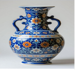 Jarrón de cerámica estilo Iznik clásico con motivos florales y auténticos diseños azules mediterráneos, disponible a precios de mayorista. - Product Image 6