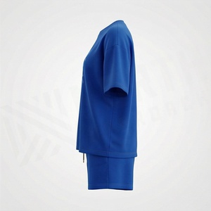 Conjunto de 2 Piezas de Punto Azul Unisex, Camiseta de Manga Corta con Cuello Redondo y Pantalones Cortos por Encima de la Rodilla, Estampado Geométrico, Casual, Primavera Verano - Product Image 3