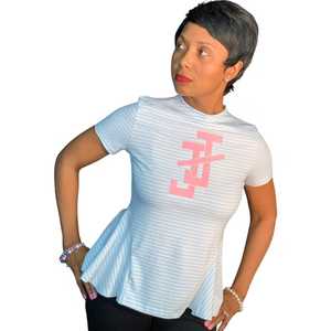 Top Peplum a Rayas JJ para Mujer Adulta, Manga Corta, Ajustado, con Dobladillo Acampanado, Informal, Mezcla de Algodón, Estilo Griego - Product Image 3