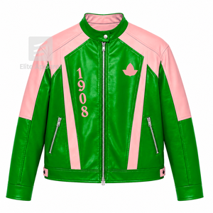 เสื้อแจ็คเก็ตหนังสีชมพูและสีเขียวปักโลโก้ Alpha Kapa Alpha Sorority แบบลำลองสำหรับผู้หญิงบุด้วยโพลีเอสเตอร์ - Product Image 1