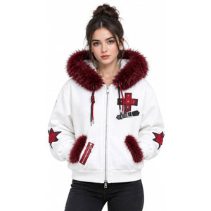White <b>Women's</b> Hooded Fleece <b>Jacket</b> With Red Fur Trim Star Embroidery Winter Casual <b>Zip</b>-<b>Up</b> Hoodie - Product Image 2