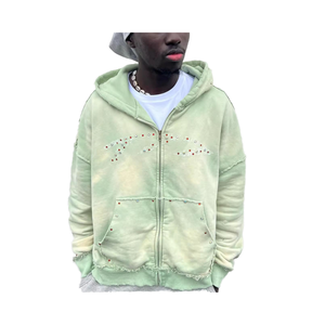Sweat à capuche zippé personnalisé pour homme, coupe longue et oversize, en molleton de coton 500 GSM, style vintage, délavé à l'acide, effet usé, décoloré par le soleil et orné de strass - Product Image 2