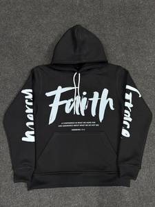 เสื้อฮู้ดฟลีซหนานุ่มสีดำทรงโอเวอร์ไซส์ พิมพ์ลายตัวอักษร Faith ที่แขนเสื้อ สไตล์สตรีทแวร์ - Product Image 1