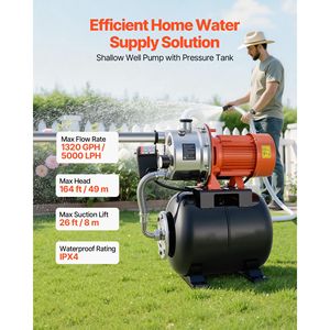 Pompa a getto per irrigazione in acciaio inossidabile da 1.6 HP con serbatoio a pressione da 5 galloni, 120V, 1320 GPH, per pozzi poco profondi, con serbatoio a pressione automatico - Product Image 2