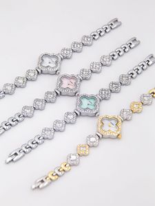 Montre de luxe pour femme à mouvement Citizen, trèfle à quatre feuilles, quartz, bracelet en alliage plaqué or avec diamants, verre vert menthe 28 mm, aiguilles - Product Image 5