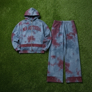 Men Blue <b>Burgundy</b> <b>Tie</b> Dye Zip Up Hoodie Wide Leg Pants Set Stud Detail Streetwear Tracksuit Custom OEM ODM - Product Image 6