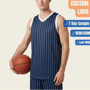 Maillot de basketball rayé blanc et bleu marine, col en V, logo personnalisé, fabricant en gros - Product Image 1