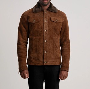 Veste en cuir suédé marron pour homme, col rabattu, fermeture à boutons, doublure en fausse fourrure, style décontracté d'hiver, coupe classique - Product Image 2