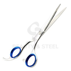 Professional Stainless Steel Hair Cutting Scissors with Blue Glitter Finger <b>Rings</b> and Ergonomic Offset Handle Grip - Product Image 1