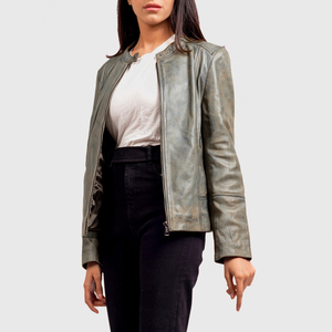 Women's Olive Genuine <b>Leather</b> Moto <b>Jacket</b> Full Sleeve Stand Collar Zipper Closure Autumn Style - Product Image 6