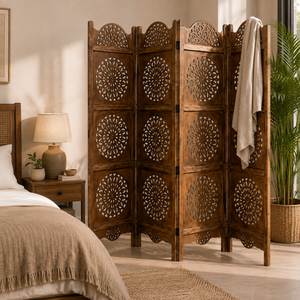 Paravent pliant en bois sculpté à la main indien à 4 panneaux, écran d'intimité pour la maison, le bureau, le salon, le studio, la décoration de la salle de séjour - Product Image 4
