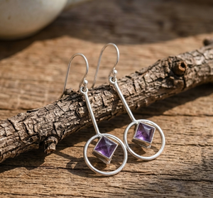 Pendientes colgantes geométricos de amatista natural, plata de ley 925, hechos a mano, chapados en oro rosa y oro amarillo, joyería para mujer - Product Image 1