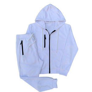 Unisex White Hooded Tracksuit <b>Set</b> Full Sleeve Zipper Closure Solid Color Breathable Cotton Casual Autumn Wear - Product Image 1
