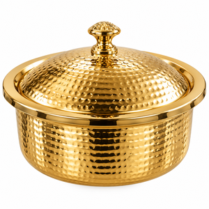 Plat de service chauffe-plats rond en acier inoxydable doré, finition miroir, design royal décoratif, avec couvercle, durable et éco-responsable pour les réceptions - Product Image 4