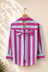 Camisa Casual a Rayas 100% Algodón para Mujer, Cuello con Muescas, Mangas Largas, Detalle de Botón con Lazo en la Espalda, Corte Holgado, Secado Rápido, Uso Diario - Product Image 2