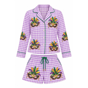 Ensemble court 2 pièces violet pour femme avec broderie de sequins personnalisée, détail noué sur le devant, col rabattu, collection Printemps/Été - Product Image 3