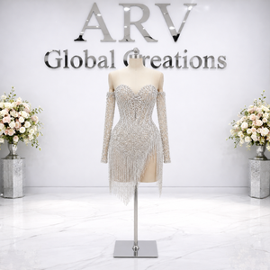 Mini-robe de luxe à franges en cristal |   Robe de soirée moulante à épaules dénudées de créateur |   Tenue de cocktail glamour perlée pour femme, taille naturelle - Product Image 3