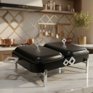 Plat à réchaud double noir avec accents ornés de diamants, poignées argentées et couvercles élégants pour événements de buffet de luxe et mariages - Product Image 1