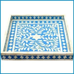 Plateau d'incrustation d'os bleu et blanc fait à la main Plateau de rangement en bois de haute qualité pour la maison et l'hôtel Motif rond personnalisé - Product Image 4