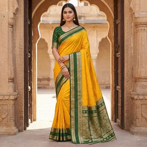 Indian Traditional Ethnic Banarasi Silk <b>Saree</b> with Zari Weaving Work for Wedding Occasion and Festive Function for Women Outfit - Product Image 1