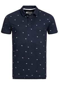 เสื้อโปโลแขนสั้นสีน้ำเงินกรมท่าสำหรับผู้ชาย พิมพ์ลายนกสีขาว ผ้าฝ้ายปิเก้ ลำลอง ระบายอากาศได้ดี ทอแบบถัก - Product Image 5