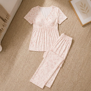 Conjunto de Pijama de Maternidad con Estampado Floral, Manga Larga, Cuello en V, Corte Holgado, Transpirable, para Primavera - Product Image 6