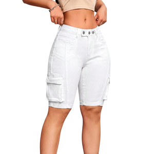 Womens White <b>Denim</b> Cargo Biker Shorts <b>Stretch</b> Casual Slim Fit Knee Length Utility Pocket Summer Fashion Bottoms Daily Waist - Product Image 5