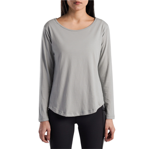 T-shirt à manches longues pour femme, col rond, coupe ample, décontracté, vêtements de sport, respirant, coton doux, fitness, yoga, uni, gris clair - Product Image 2