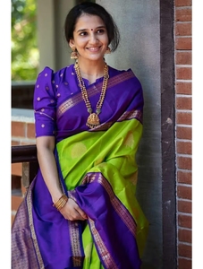 Sari Tradicional Verde de Seda Tejida KV Banarasi para Fiesta, con Diseño Pintado a Mano y Blusa Sin Coser - Product Image 1