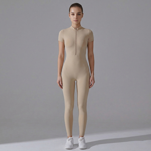 Yoga Shapewear Bodysuit 1/4 Zipper Women's Short Sleeve Compression Bodysuit Yoga Fitness Stand Collar Gym Jumpsuit Ladies - Product Image 1