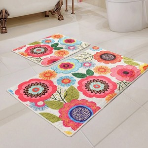 Floral Pattern Bath <b>Mat</b> <b>Set</b> Rectangle Colorful Flowers Design Non-Slip Rubber Backing Machine Washable <b>Bathroom</b> Use - Product Image 4