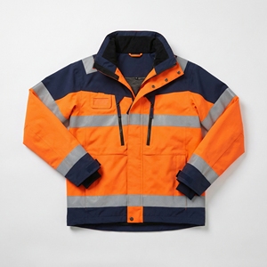 Orange/Navy Safety Jacket <b>Waterproof</b> Breathable <b>Work</b> Parka with Reflective Tape, Chest Zips & Storm Flap OEM / Private Label - Product Image 1