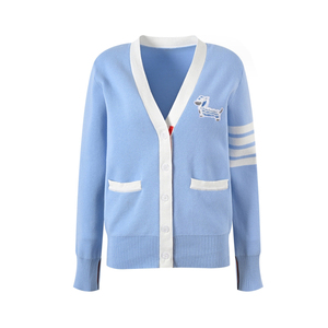 Women's Light Blue V-Neck Cardigan With Dog Embroidery And White Trim Preppy Style Full Sleeve Knitted Sweater - Product Image 1