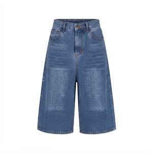 <b>High</b> Waist Over Size Stonewashed Denim Short Pant <b>Knee</b> Length Straight Leg Jeans Women's Breathable Casual Summer Wear - Product Image 6