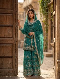 Designer Top Sharara Dupatta Set Women Fendy <b>Silk</b> Kurti with Sharara Palazzo Festive Party Wear Ethnic Outfit Collection - Product Image 4