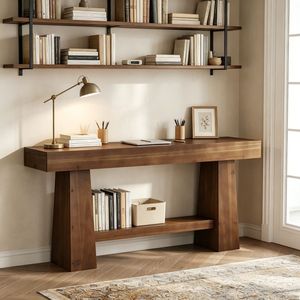Console longue rustique moderne avec rangement en teck et chêne, plateau en marbre de luxe pour entrée, salon, appartement, hôtel - Product Image 6