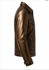 Blouson moto en cuir véritable beige pour homme, col rabattu, fermeture éclair, coupe ajustée, manches classiques, couleur unie, automne - Product Image 3