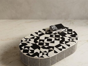 Black and <b>White</b> Oval <b>Coffee</b> <b>Table</b> Striped Inlay Wooden Modern Luxury Villa Living Room Furniture - Product Image 2