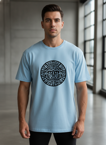 T-shirt à manches courtes bleu clair pour homme, imprimé tribal géométrique, col rond, coupe classique, décontracté, coton jersey écologique 180g - Product Image 1