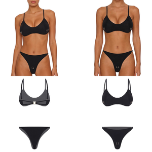 Conjunto de Bikini Negro, Top Triangular y Tanga, Traje de Baño para Mujer, Elástico, Color Sólido, Tejido Liso, Ropa de Playa de 2 Piezas - Product Image 2