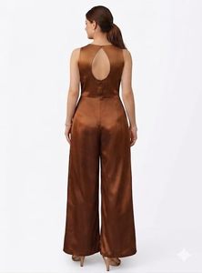Mono sin mangas de satén marrón para mujer con cuello de solapa, cintura alta, cinturón, elegante, largo, para fiesta, primavera, verano - Product Image 3