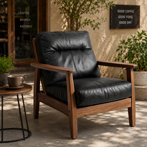 Mid Century Modern Genuine Leather Lounge Chair Solid Wood Accent Armchair Living Room Hotel Office Bedroom Modern Luxury Design - Product Image 6